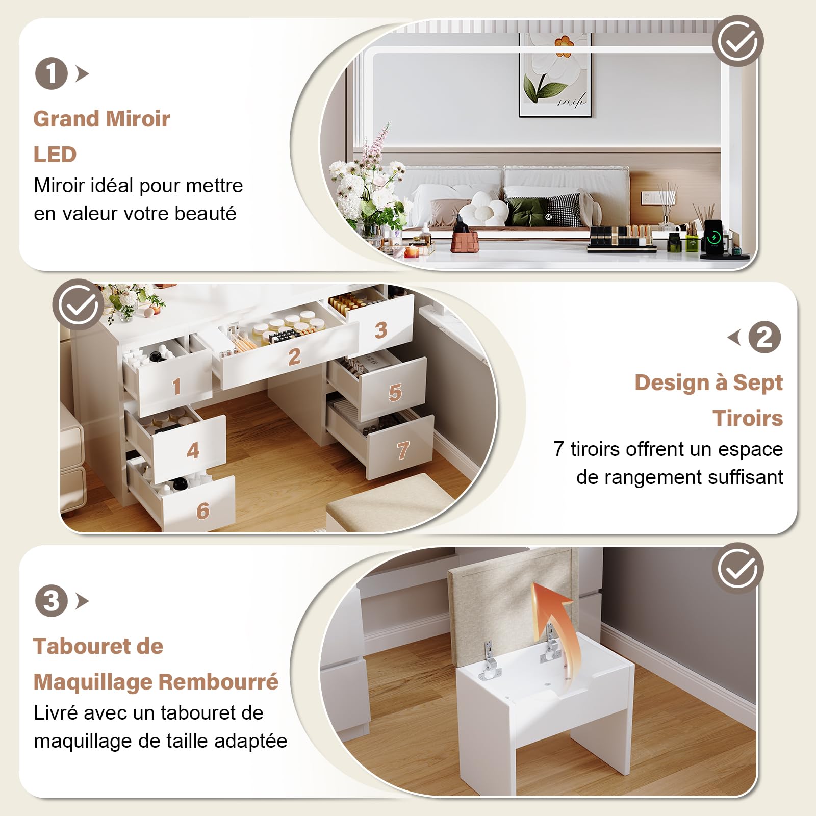 JUMMICO Coiffeuse avec Grand Miroir LED (115x60cm) et Tabouret Inclus, Table de Maquillage Moderne avec 7 Tiroirs, Station de Recharge et Éclairage Réglable, Meuble de Chambre à Coucher (Blanc)