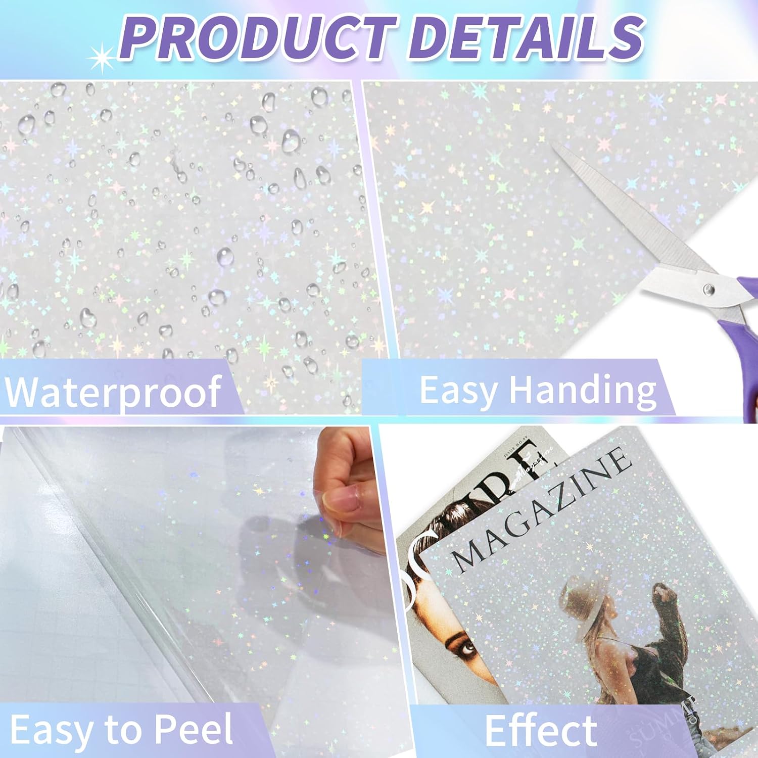 36 Sheets Holographic Sticker Paper,Holographic Laminate Sheets,A4 Size Clear Vinyl Sticker Sheets Self-Adhesive Rainbow Overlay Sheets,11.7 x 8.3 Inches（Star）