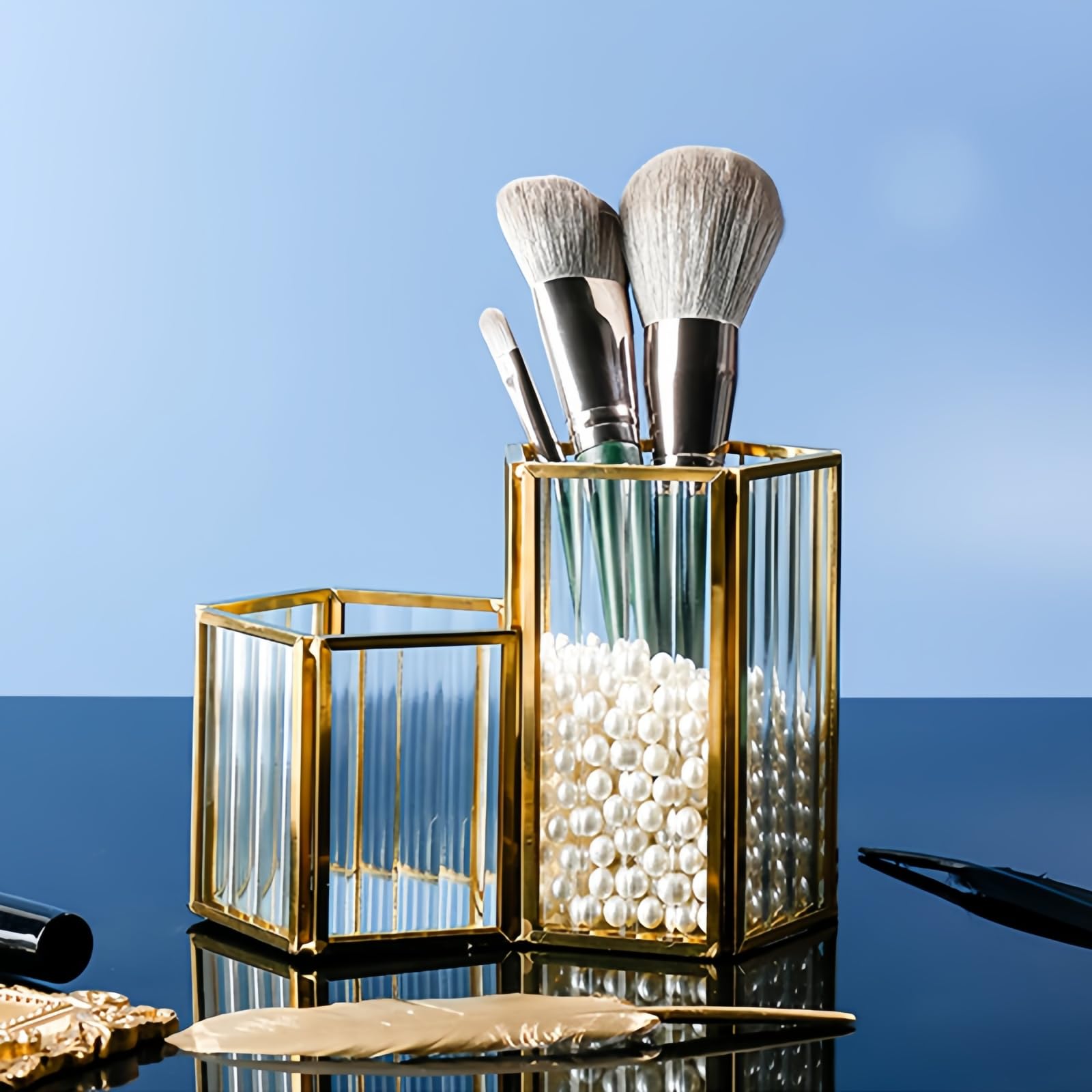 Porta Pennelli Trucco In Vetro - Organizer Vintage Con Vassoio Specchio, 12x6.2x12cm, Multiuso - Foto 10