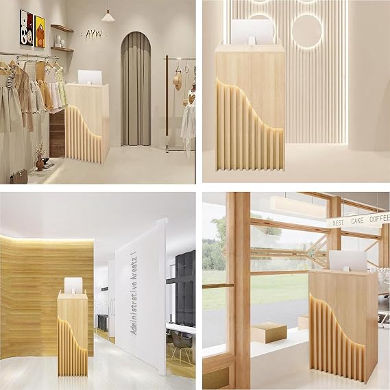 Reception Desk Counter Table,L-Shap Cashier Front Desk,Wooden Reception Desk with Counter &Open Shelves,Modern Retail Counter with Drawers,Reception Counter for Supermarket Convenience Store Hotel