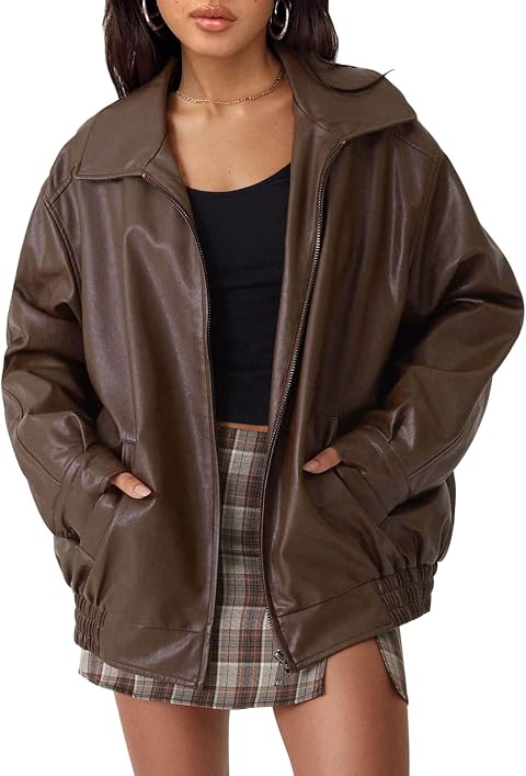 AUTOMET Women's Oversized Faux Leather Jacket for Fall and Winter | Boyfriend Biker Moto Coat, Medium weight Fall Bomber Jackets, Winter Outerwear
