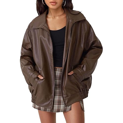 AUTOMET Women's Oversized Faux Leather Jacket - Fall Motorcycle Style Coat with Zipper Closure