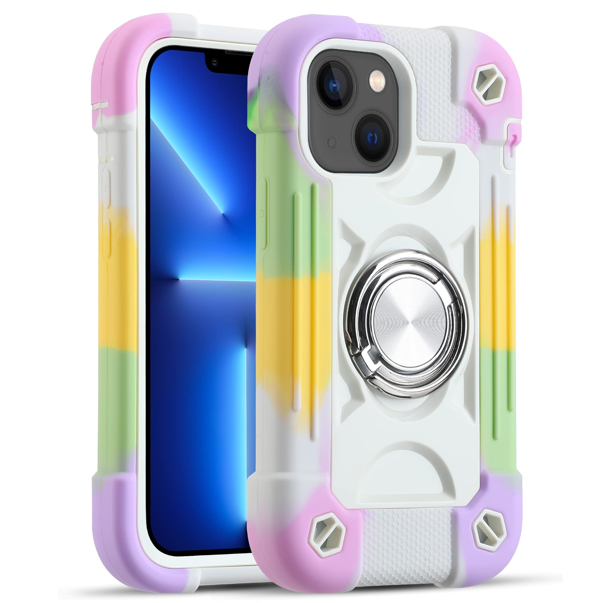 MARKILL Compatible with iPhone with Built-in 360°Rotating Ring Stand, Military Grade Drop Protection Full Body Rugged Heavy Duty Case Durable Cover (Rainbow White, iPhone 13 mini/12 mini 5.4")-image-10