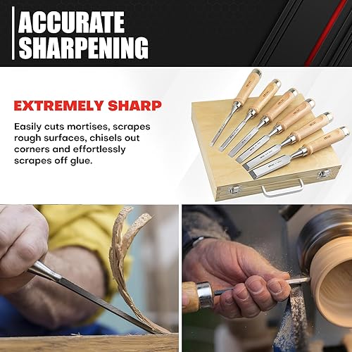 Miniatura 4 de C&T Juego de cinceles de madera de alta calidad de 8 piezas con estuche de madera, 6 cinceles de madera con 2 piedras de afilar, kit de cincel de
