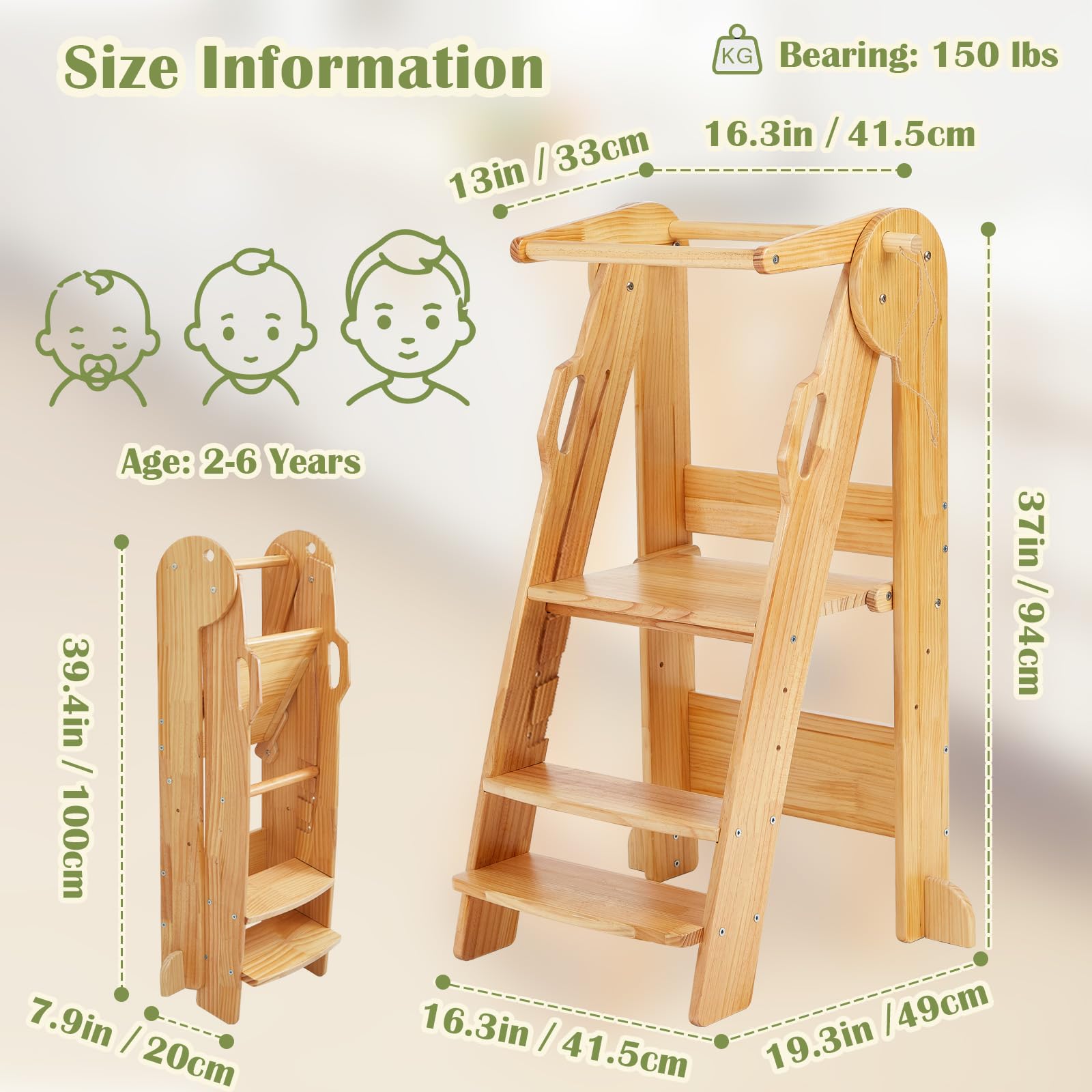 FUNLIO Torre de Aprendizaje Plegable, Ajustable en Altura de 3 Niveles, Montessori con Rieles de Seguridad, Natural