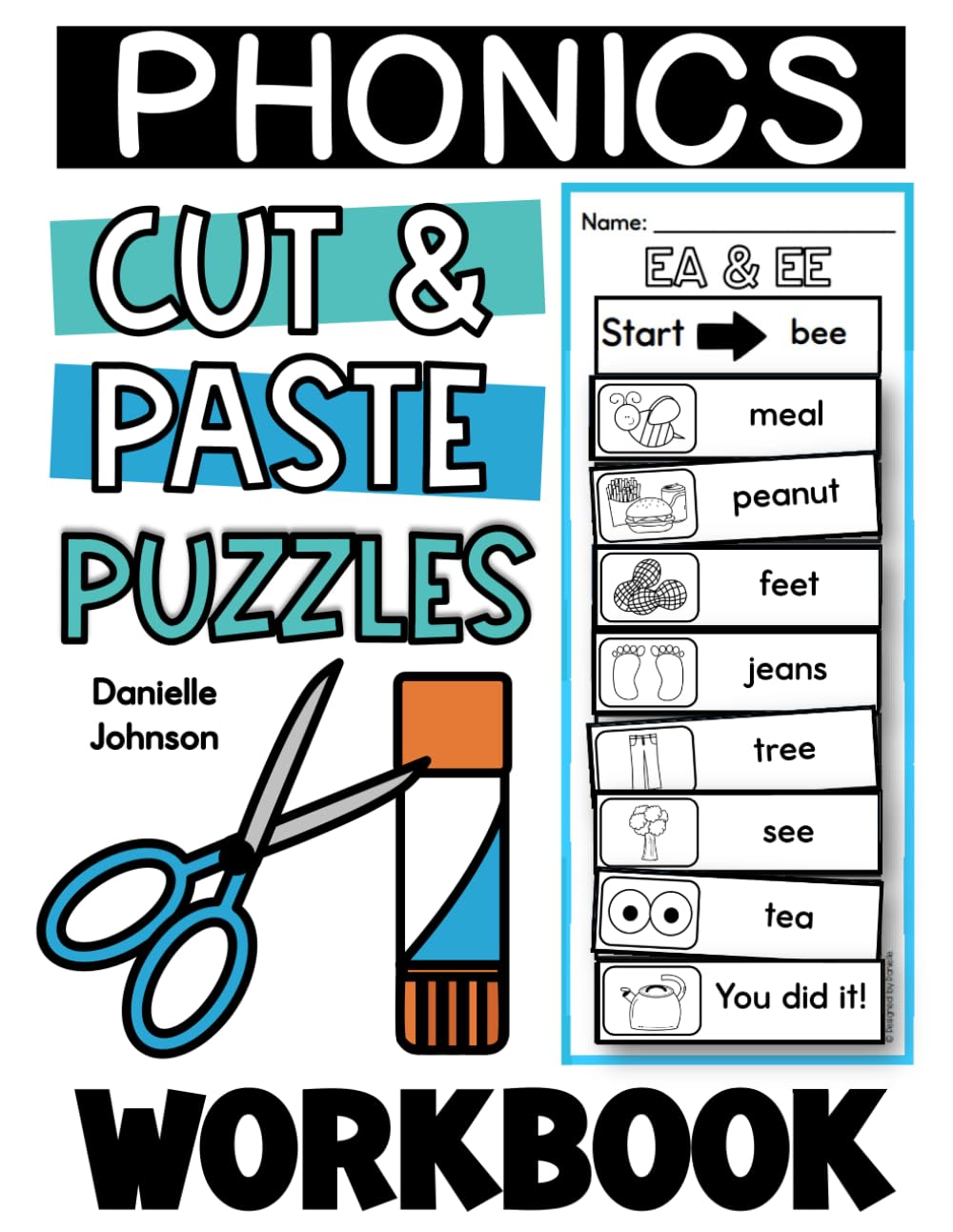 Phonics Cut and Paste Puzzles Workbook: Vowel Teams, R-Controlled Vowels, Digraphs and Diphthongs: Kindergarten, First Grade, Second Grade Ages 5 to 7, Homeschooling