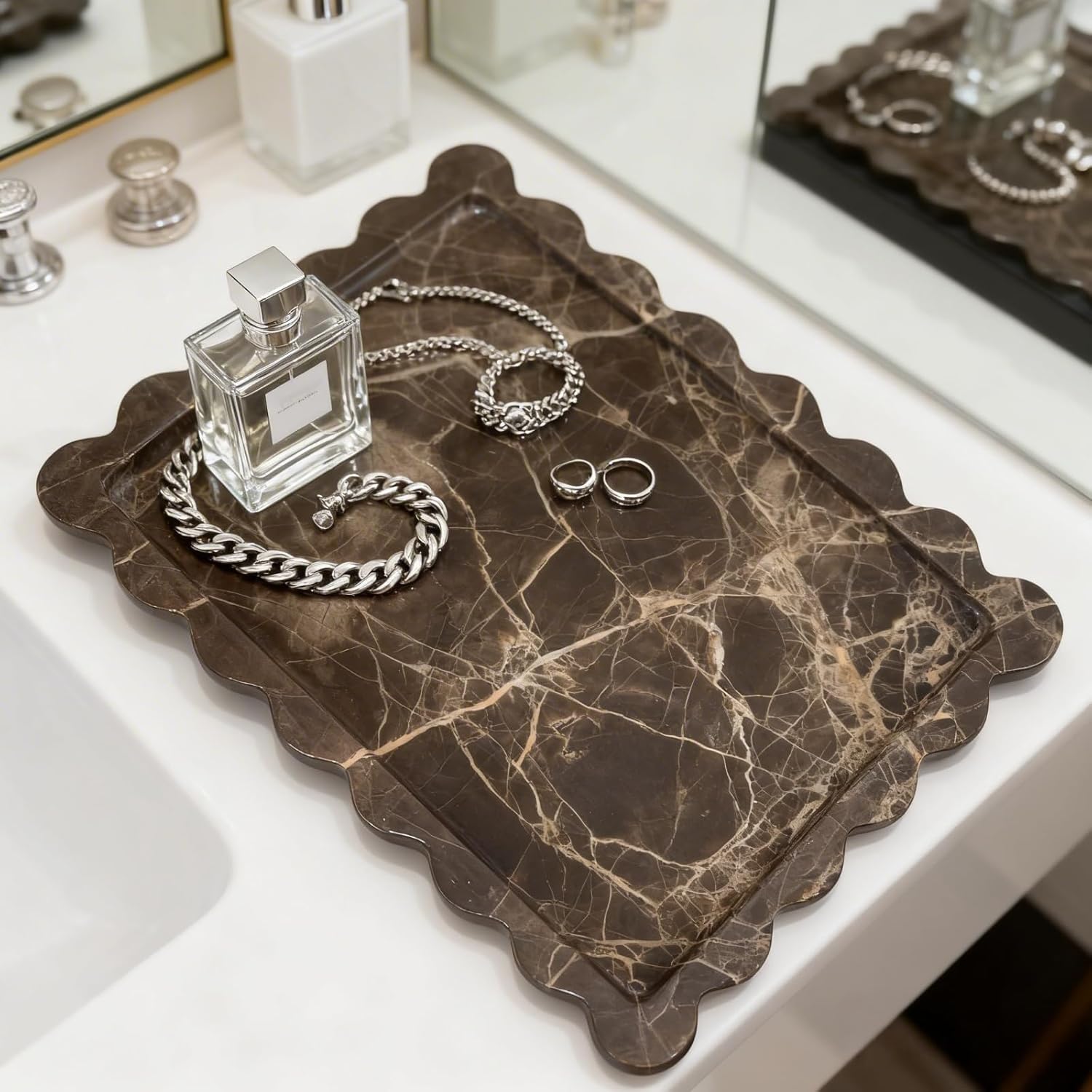 Natural Scalloped Marble Tray 10.7"x7.87",Rectangle Tray for Bathroom Kitchen Counter, Decorative Tray for Dresser (Coffee Net)
