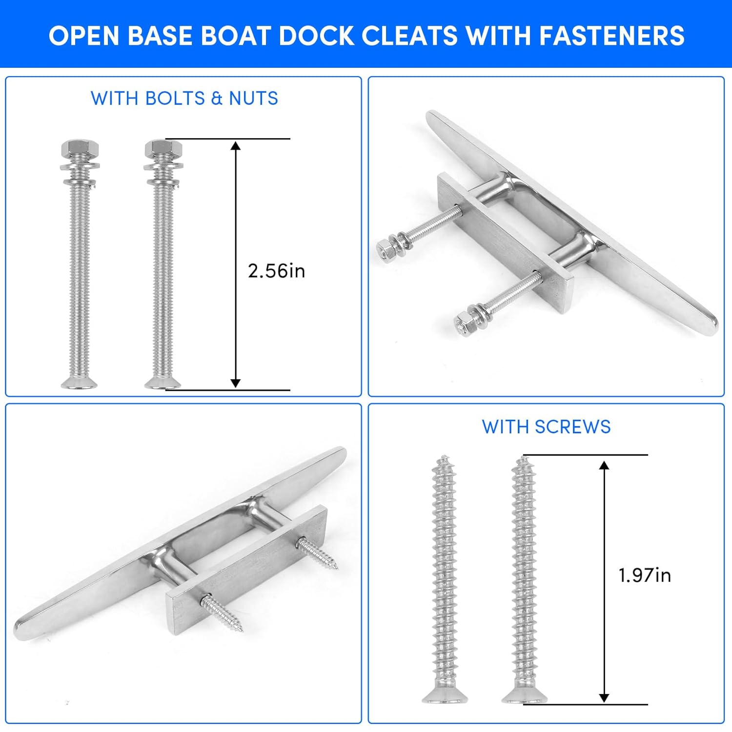 Boat Cleats 6 inch, Open Base Boat Dock Cleats, 316 Stainless Steel Dock Cleats Marine Grade Rope Cleats with Fasteners for Boat, Dock, Deck, Kayak, Yacht, Nautical Decor, 4 Pack