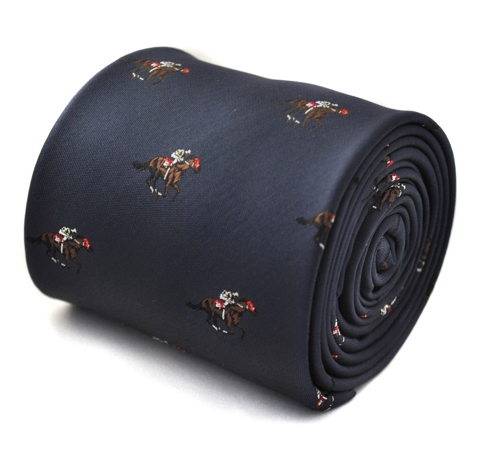 Frederick Thomas Men's Navy Tie With Horse Jockey Embroidered Design With Signature Floral Design To The Rear