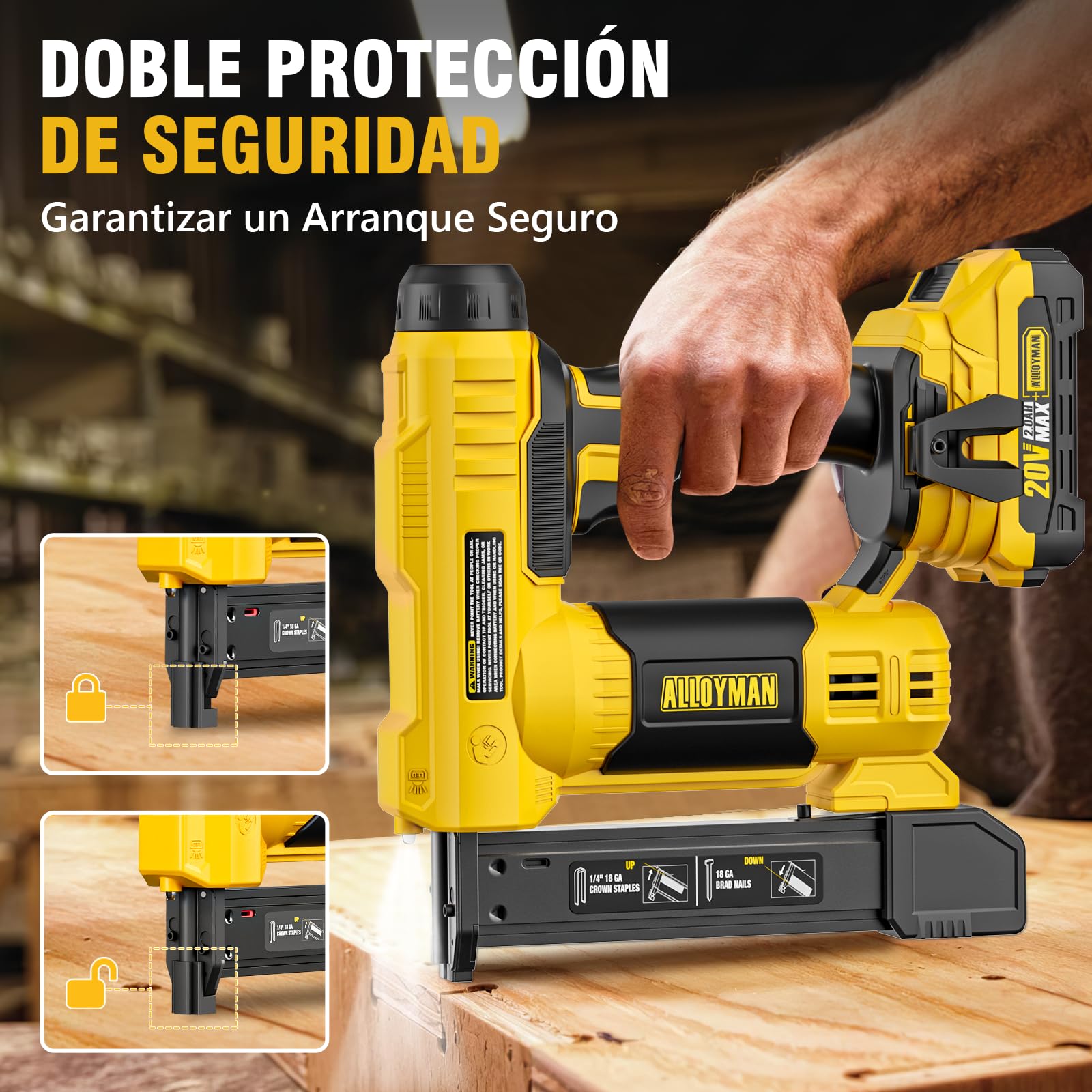 Alloyman 20V MAX Pistola de Clavos y Grapadora Eléctrica Inalámbrica 2 en 1, Clavadora 18GA con Batería 2,0Ah y Cargador, Incluye 1000 Clavos y 500 Grapas, para Bricolaje y Carpintería