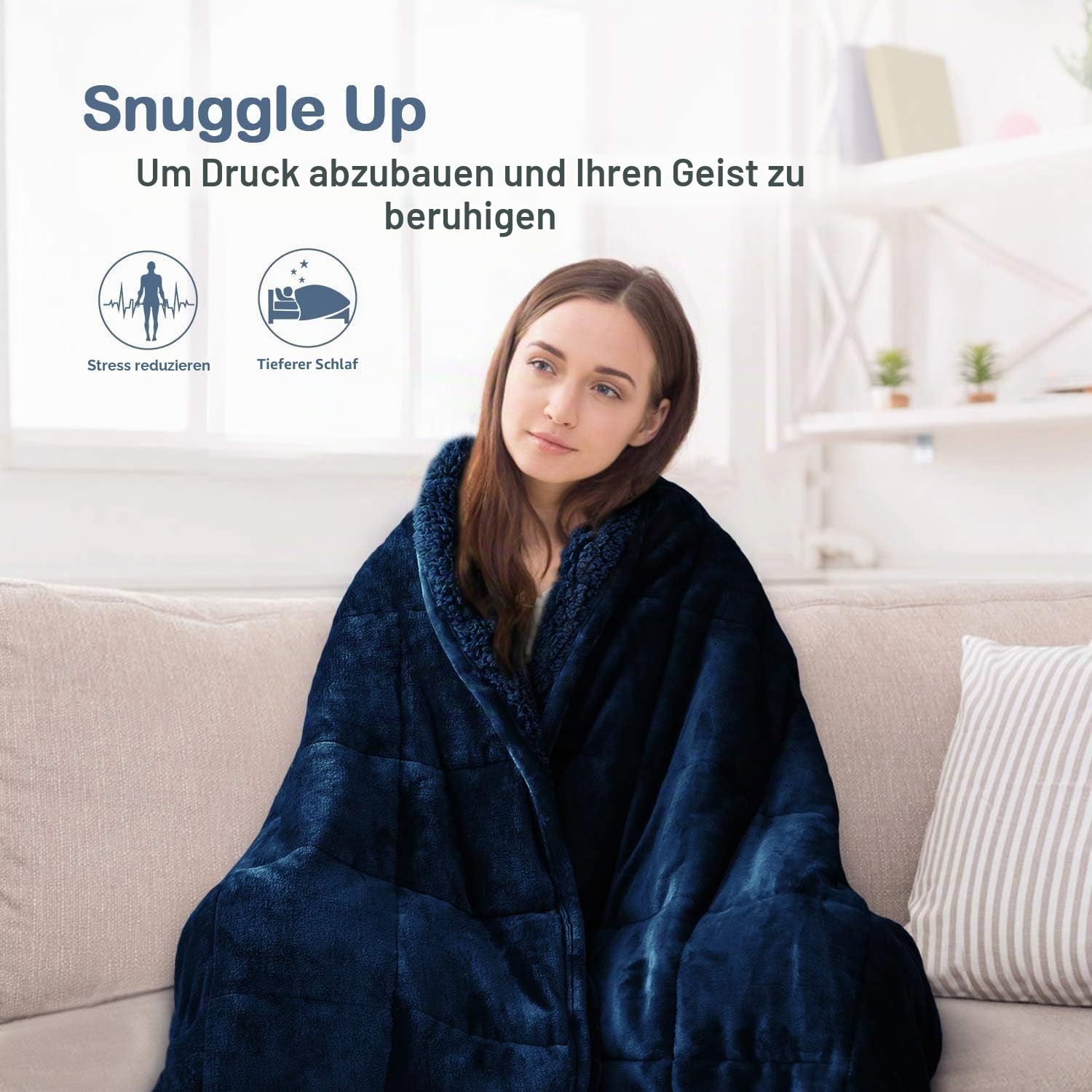 BUZIO Gewichtete Decke 7kg 120 x 180cm für Erwachsene, weiche kuschelige warme Sherpa Decke für Sofa Bett Couch, Flauschiger Plüsch Fleece, Marineblau