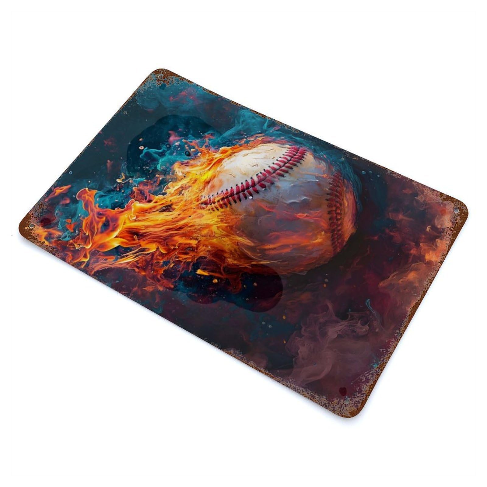 Abstract Baseball Flames Aged Metal Wall Plaque 11.8"x7.9", Industrial Home Decor for Pub, Kitchen And Man Cave Decor