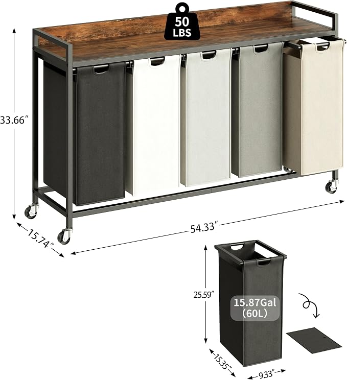 Laundry Hamper with Shelf, Laundry Basket 4 Section, Laundry Sorter with Pull-Out Removable Large Bags and Movable Wheels, Metal Frame, 4 x 15.87 Gallons (60L), Rustic Brown + Blck PF07XLY