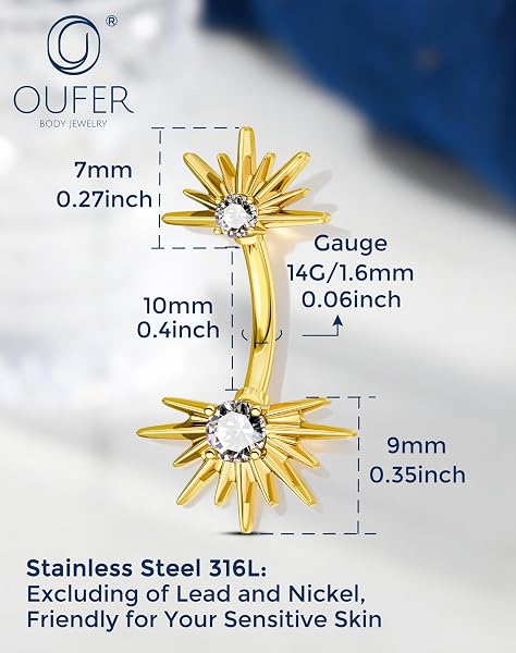 OUFER 14G Or Soleil Percing au Nombril en Acier Chirurgical 316L, Piercing de Ventre avec Clair CZ Ronds et Rayons Lumineux, Bijou de Corps 10 mm pour Femme - 5