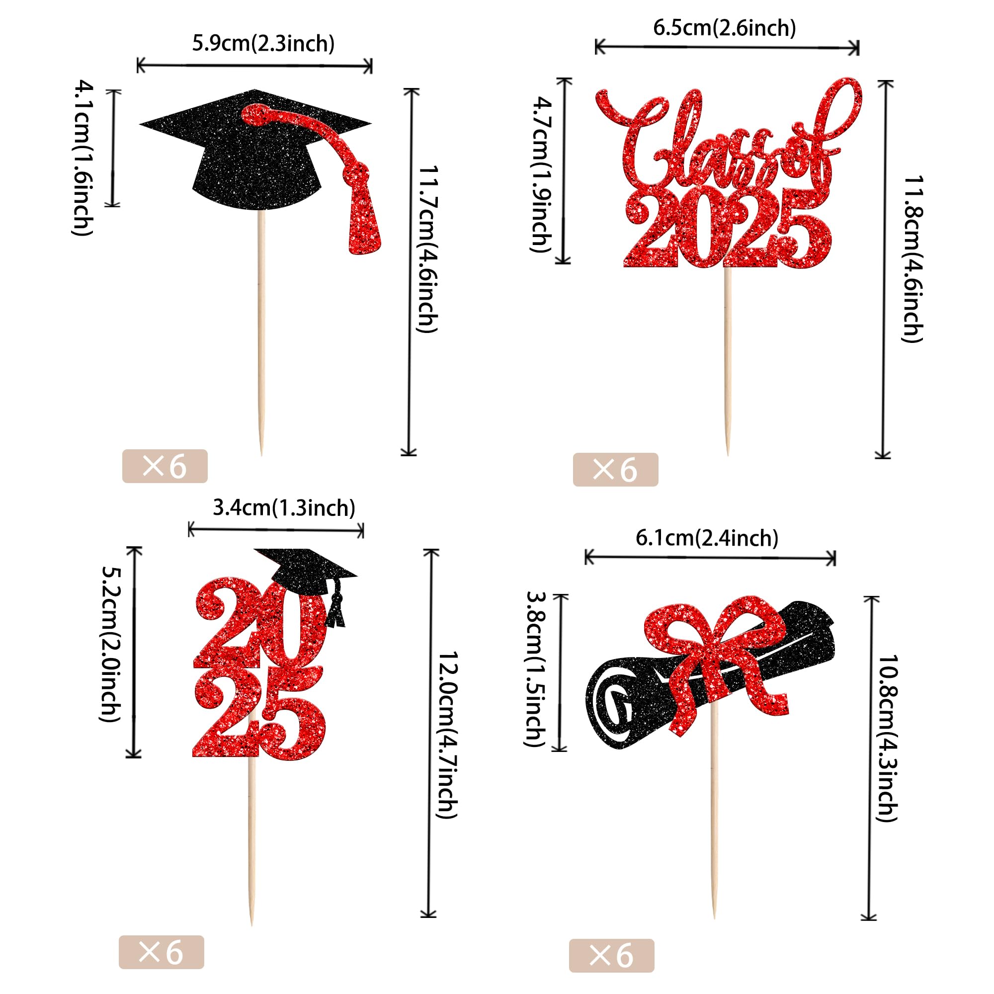 Rsstarxi 24 Pack Graduation Cupcake Toppers 2025 Red and Bluck Class of 2025 Decorations Cap Diploma Cupcake Picks for 2025 Graduation Theme Party Cake Decorations