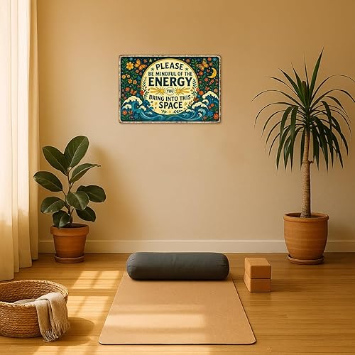 Miniatura 5 de Letrero de hojalata con texto en inglés Please Be Mindful of the Energy You Trae, decoración de pared espiritual para el hogar, sala de yoga o