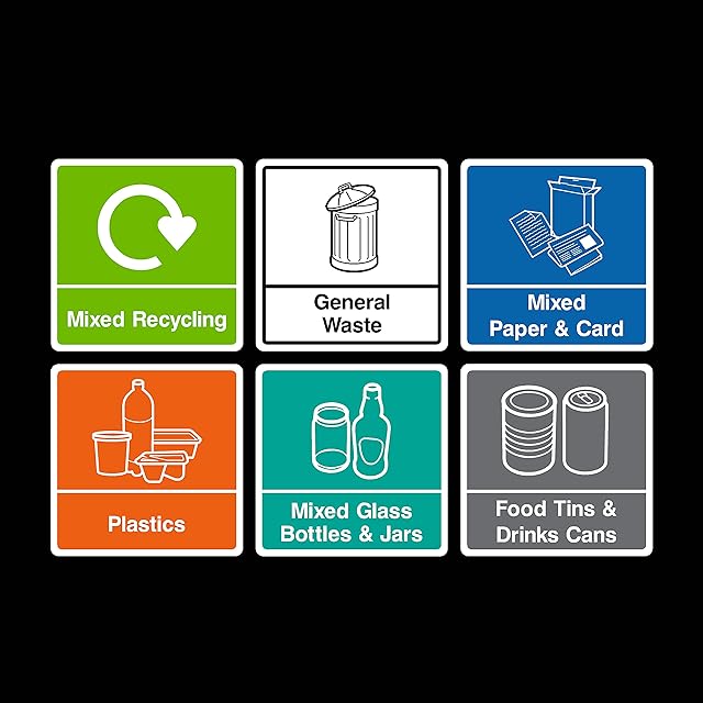 Recycling set of 6 Signs Waterproof Stickers 150x150mm Self Adhesive Vinyl