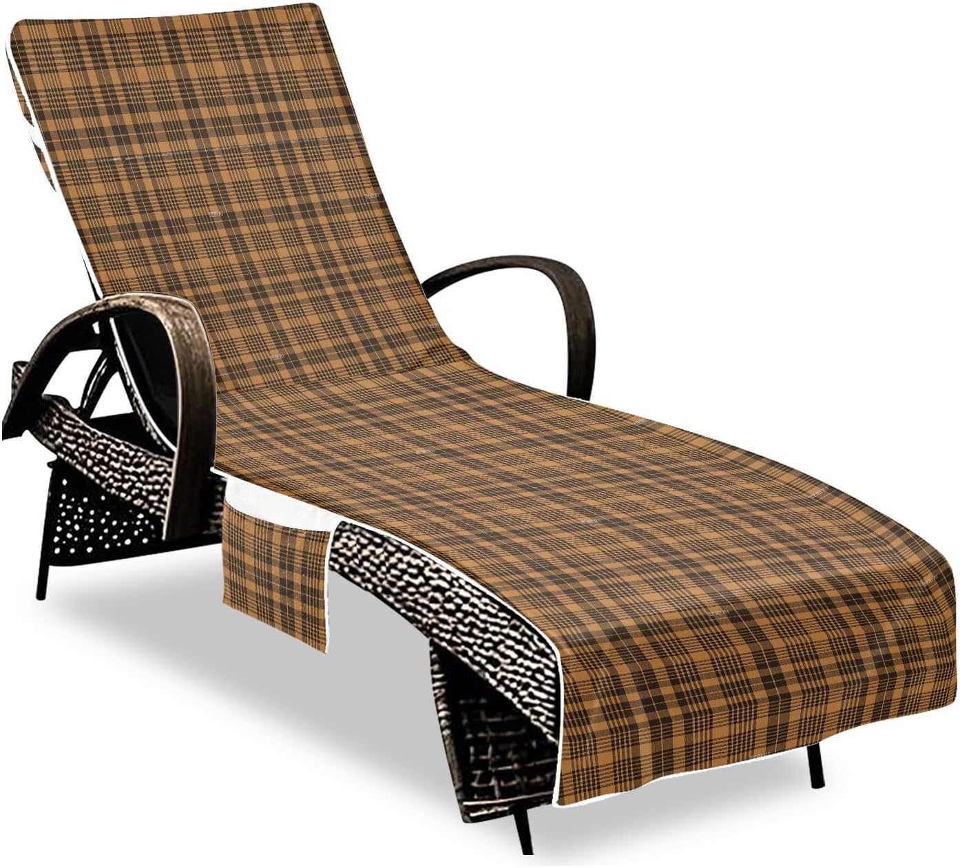 Vintage Buffalo Plaid Checked Brown Decorative Patio Lounge Chair Cover Soft Absorbent Outdoor Seating Covers Towels with Pockets for Pool Beach Sunbathing, fundas para muebles 85" X 30"