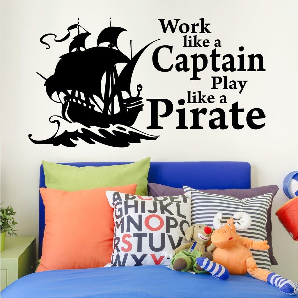 Work Like a Captain, Play Like a Pirate Children's Inspirational Wall Decal Quotes 40" W by 21" H, Pirate Wall Decals, Pirate Ship Decals, Boy's Quote Wall Decals, Plus Free White Hello Door Decal