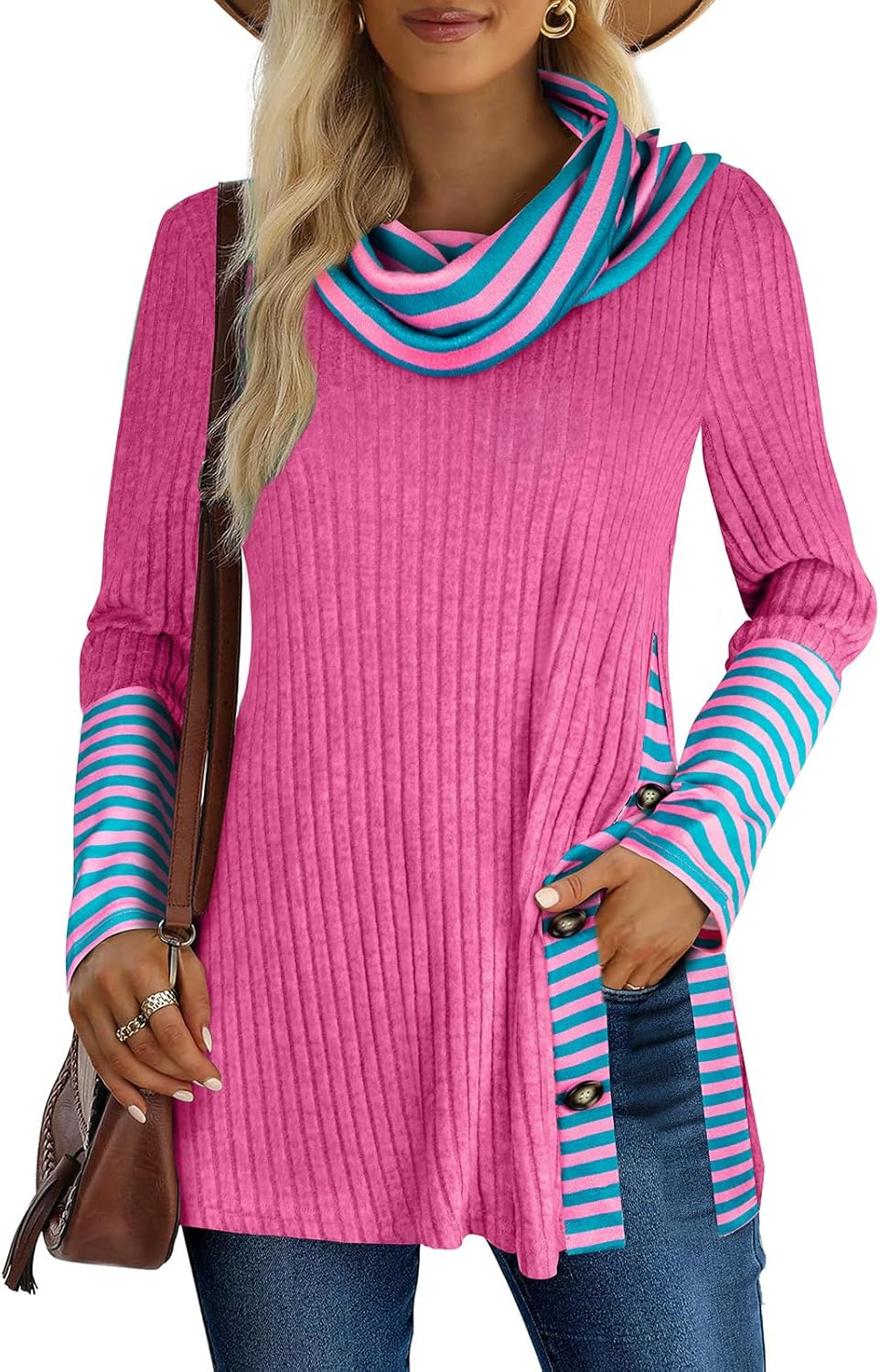 Miusey Women's Cowl Neck Tunic Sweaters Long Sleeve Shirts Lightweight Pullover Sweatshirts Side Split Tunic Tops