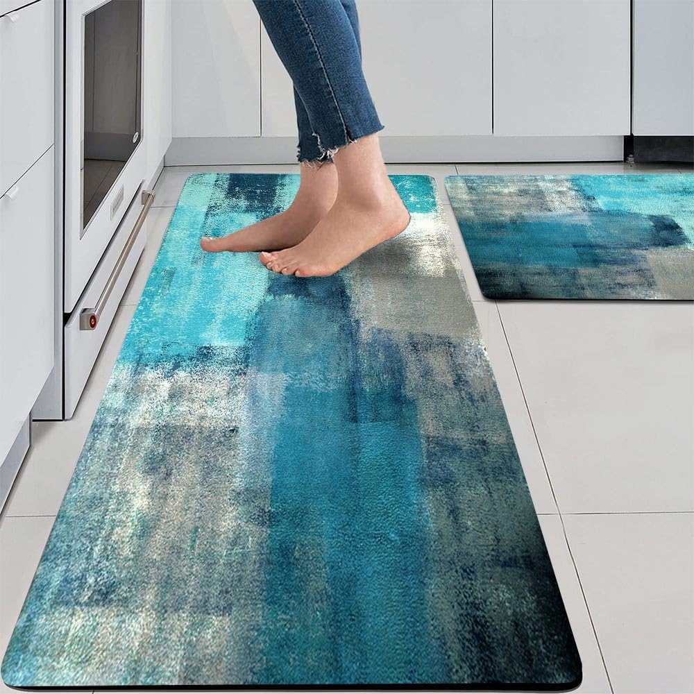 TOMWISH Turquoise Kitchen Rug 2PCS AntiFatigue Floor Mat Abstract Non Slip Kitchen