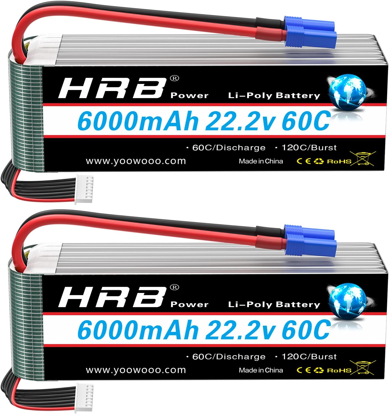 HRB 2PCS 6S 22.2V 6000mAh 60C Lipo Battery with EC5 Plug for RC Helicopter Airplane Car Boat Truck