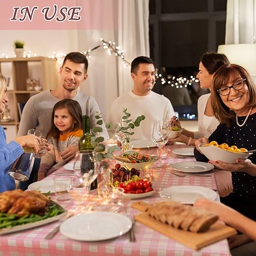 Miniatura 8 de Paquete de 2 manteles de plástico desechables de 54 x 108 pulgadas con fondo a cuadros rosados y blancos, para fiestas de cumpleaños, cenas al aire