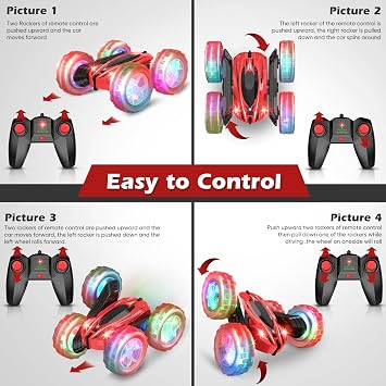 Qumcou Remote Control Car for Kids, RC Cars Toys for Ages 5-7, 2.4Ghz Fast Double-Sided 360Rotating Toy Cars with Headlights and Wheel Lights, Christmas Birthday Gifts for Boys Girls Age 6-12,Red
