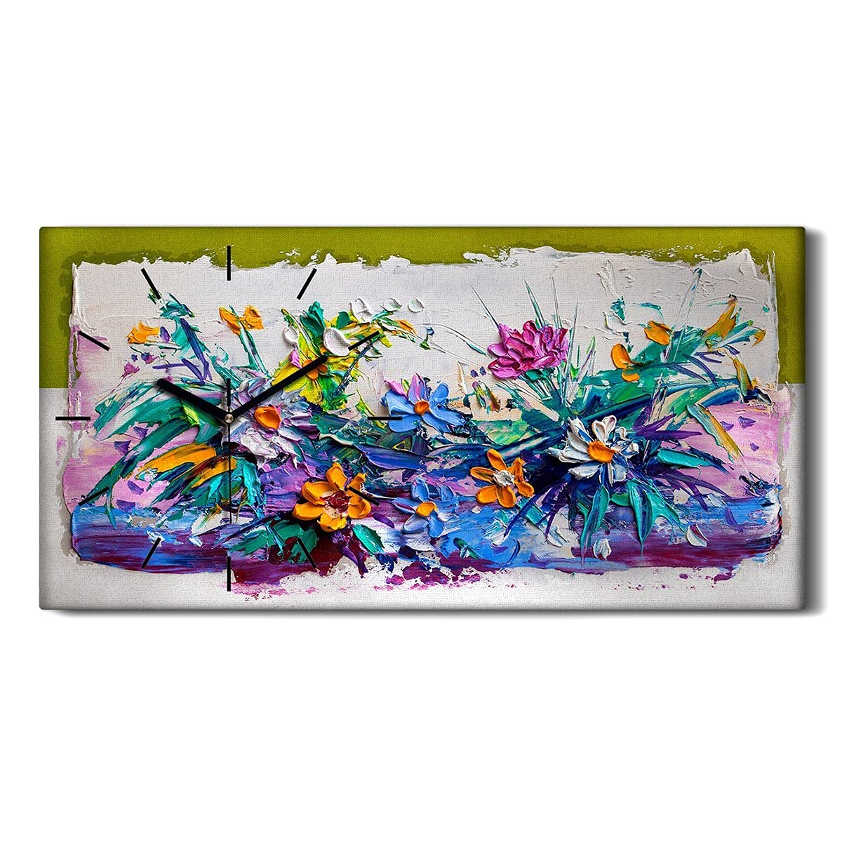 Horloge sur toile salon et chambre motif fleurs d'huile montre murale silencieuse