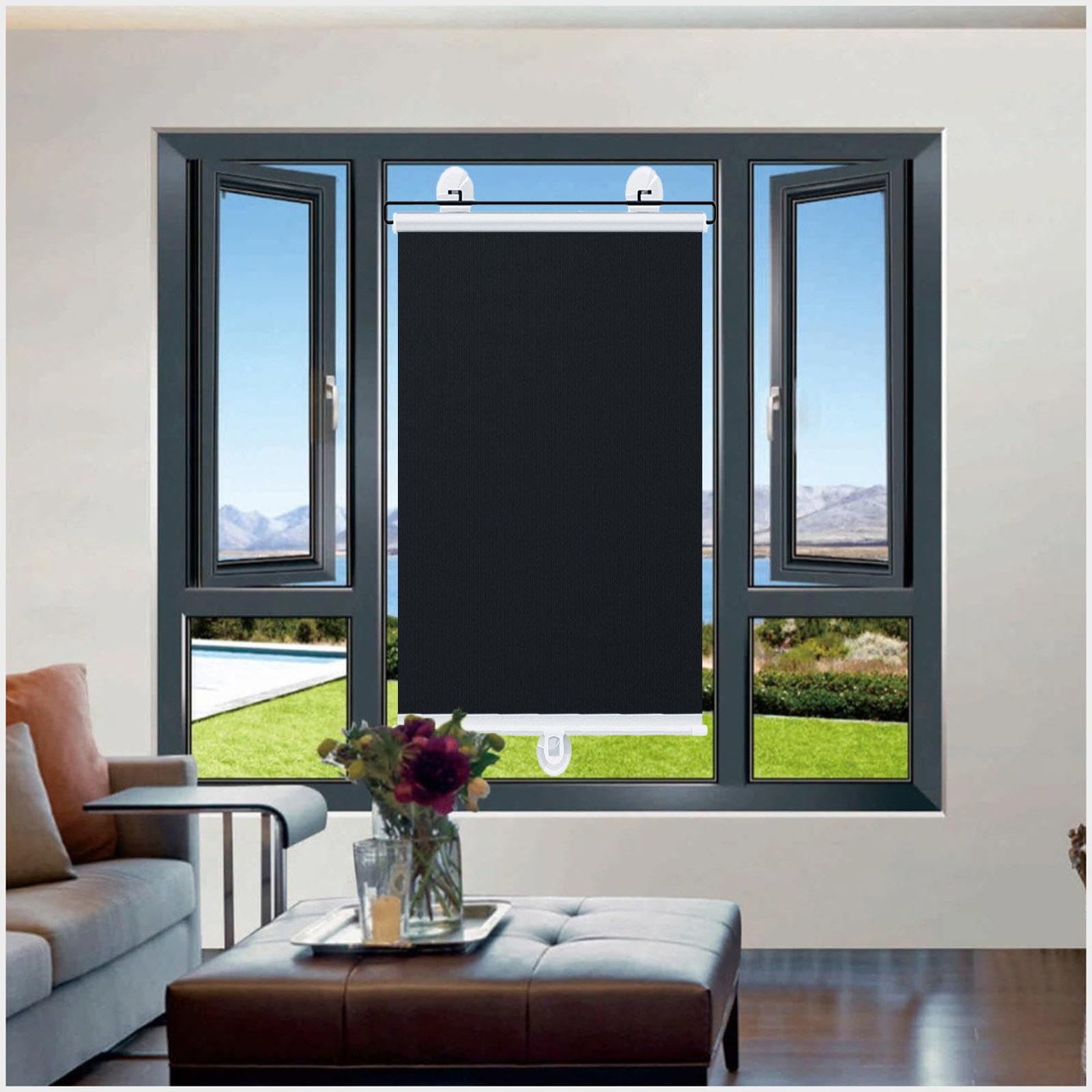 DECAKE Total Blackout Roller Blinds for Windows, Sunshade Roll Up with Suction Cups, Temporary Curtains No Drilling, Sunscreen Thermal Shades,Black-65x125cm/26 * 49in