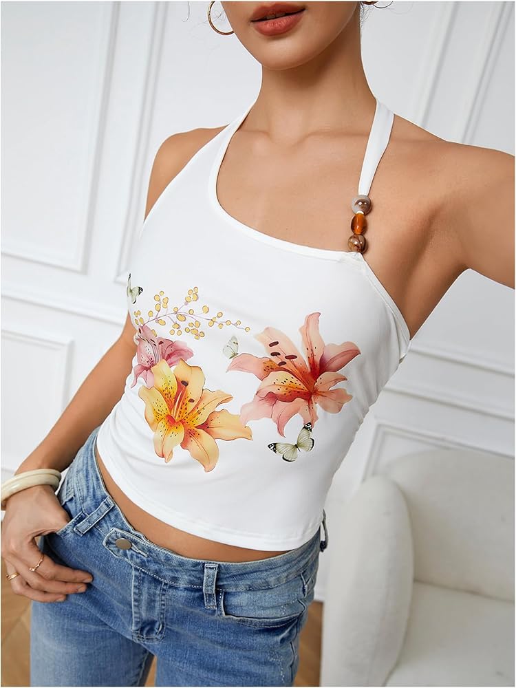 Milumia Women's Beaded Floral Backless Halter Top Asymmetrical
