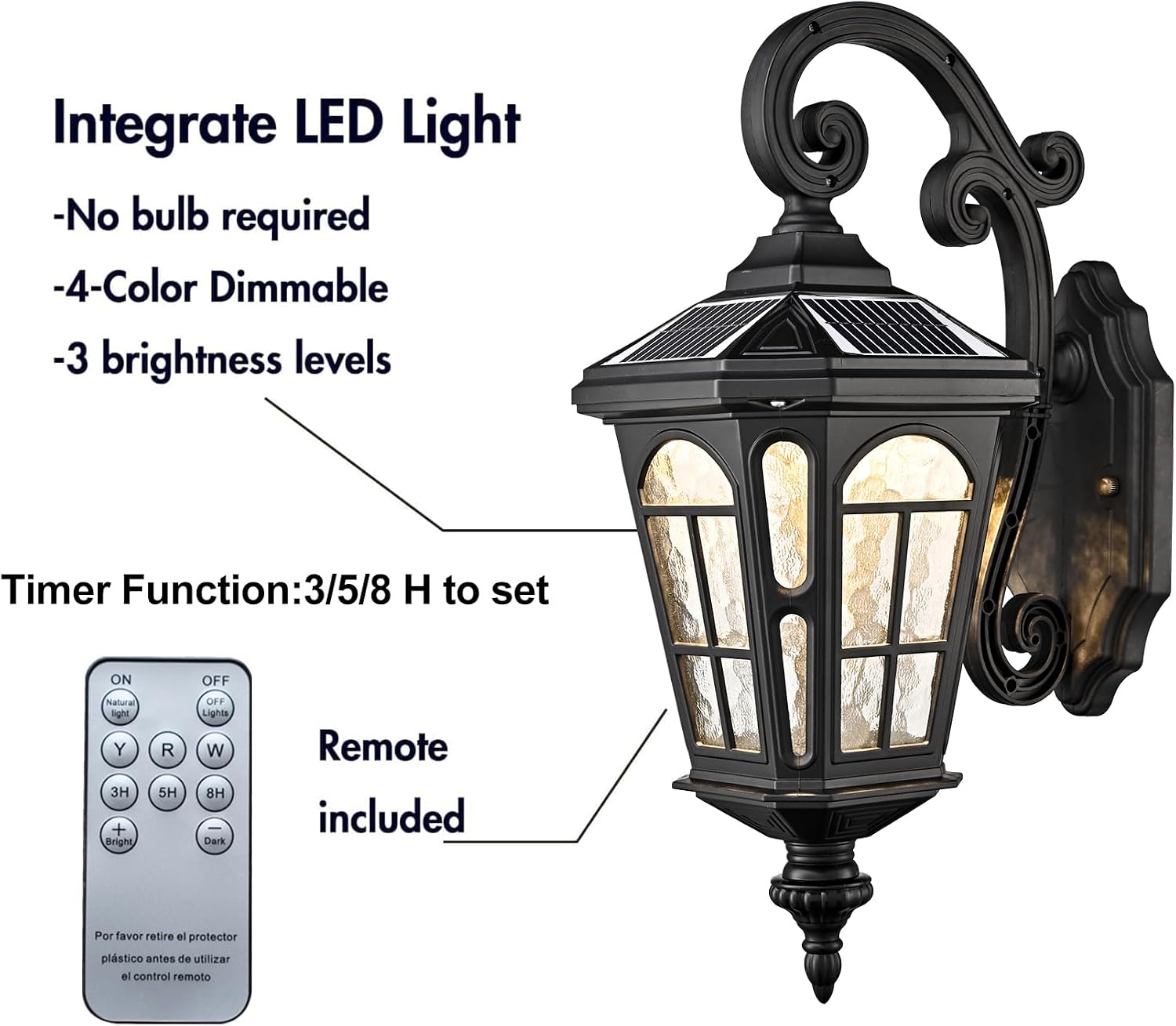 HOLKIRT Solar LED Outdoor Wall Light, Dimmable LED Exterior Sconce with Remote, Water-Rippled Glass Shade, IP54 Waterproof Solar Light for Patio Porch Backyard Garage, 4-Color Selectable