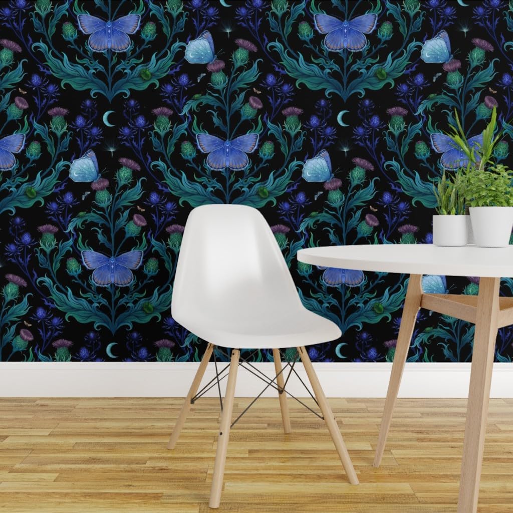 Spoonflower Removable Wallpaper 3ft x 2ft - Thistle Flowers Butterfly Dark Art Nouveau Moody Custom Pre-Pasted Wallpaper