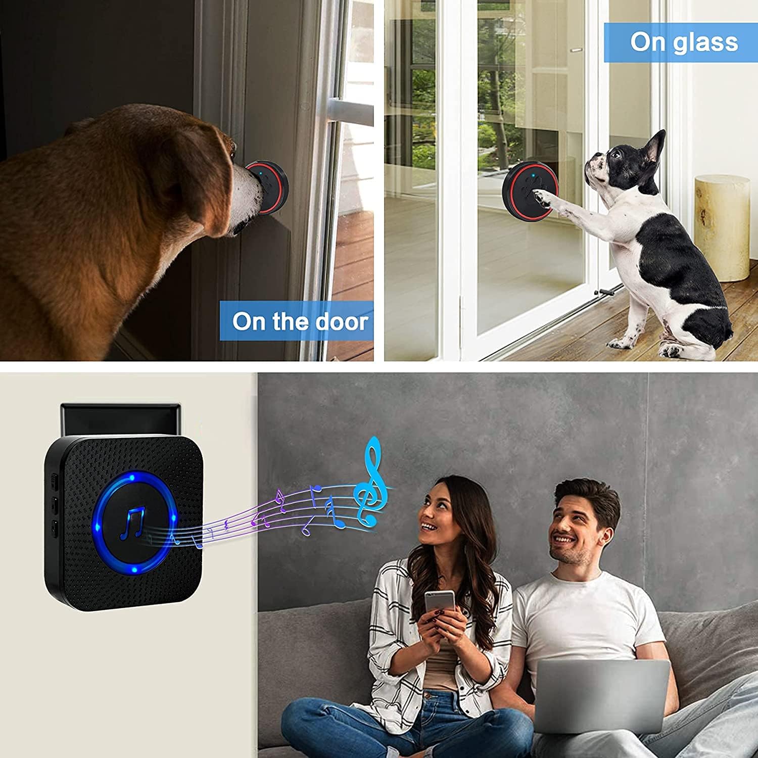Two images showing installation options: a dog nudging the transmitter on a door, and a French Bulldog pawing the transmitter on a glass sliding door. Below, a receiver is plugged into an outlet with a couple listening to the chime.
