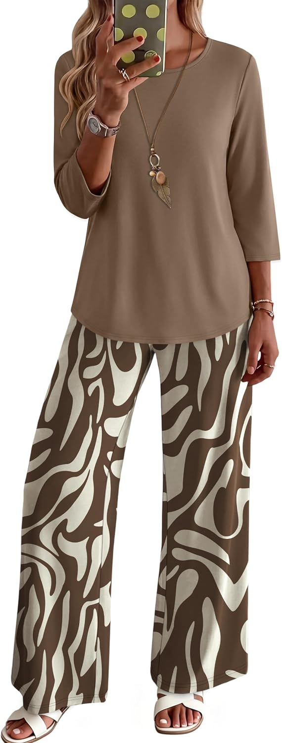 WIHOLL Two Piece Sets for Women Lounge 3/4 Length Sleeve Womens Tops Graphic Pants with Pockets Summer Outfits 2026