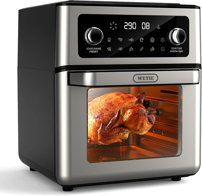 WETIE FO12B Air Fryer Oven, a stainless steel countertop appliance with a digital screen and viewing window.