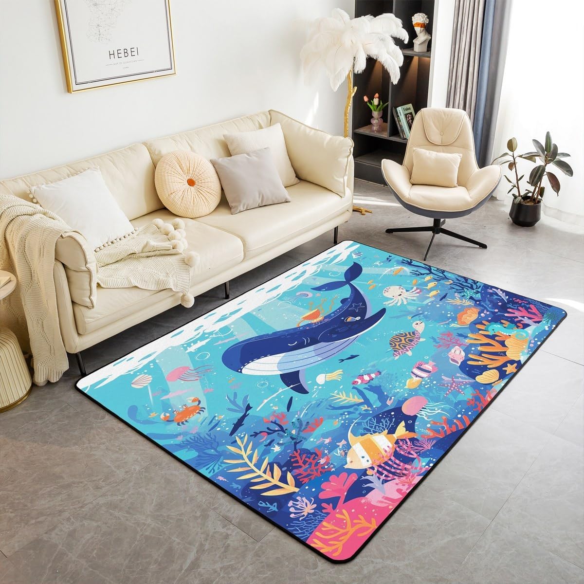 Feelyou Sailboat Area Rug 3x5 Kids Ocean Creature Submarine Decorative Rug for Boys Girls Teens Marine Animals Living Room Rugs Summer Blue Sea Adventure Indoor Floor Mat Room Decor