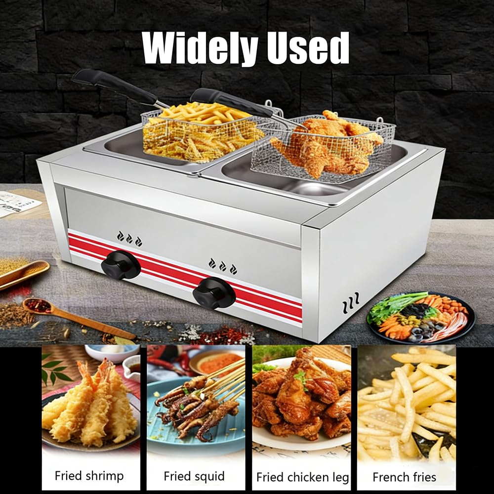 Freidora de gas comercial de gran capacidad, freidora doble de acero inoxidable de 20 L con 2 cestas y tapas, potencia de fuego ajustable para el hogar o la cocina profesional