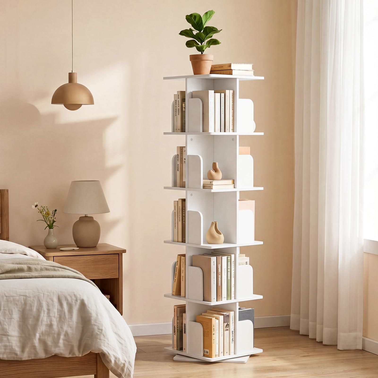 Drehbares Bücherregal 360° Frei, Bücherregal Drehbar Weiß, Bücherregal Kinder, für Wohnzimmer, Arbeitszimmer, Büro, als Raumteiler, 5 Ebenen