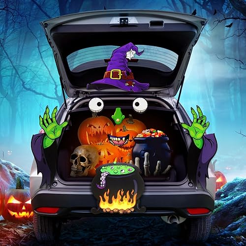 GoosWexmzl Decoración de cara de monstruo de Halloween, decoración de arco de puerta de garaje, calcomanías con enorme sombrero de bruja, ojos,