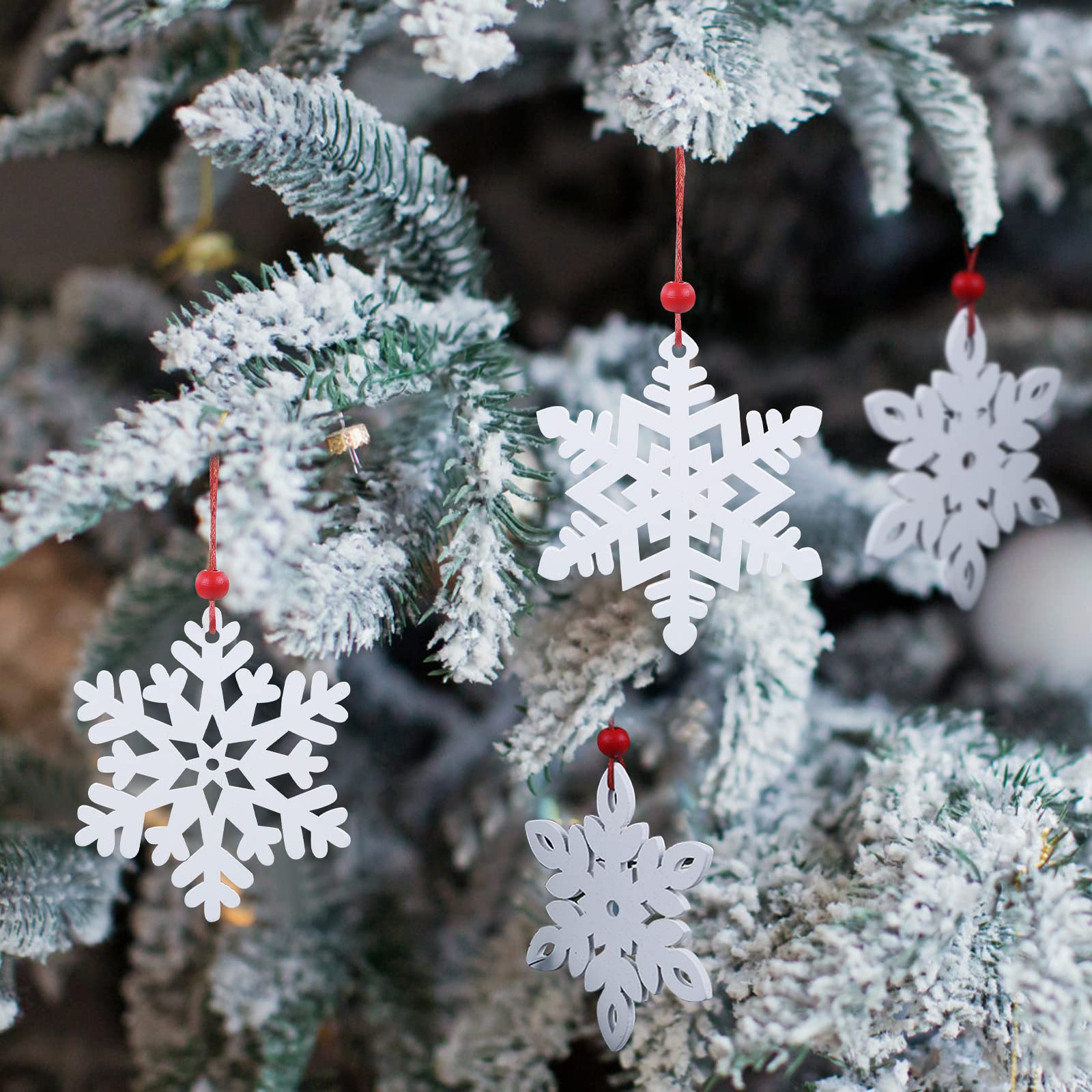 LEMESO 24 Piezas Pack de Copo de Nieve de Madera Colgantes Blanco para Navidad Árbol de Navidad Decoración