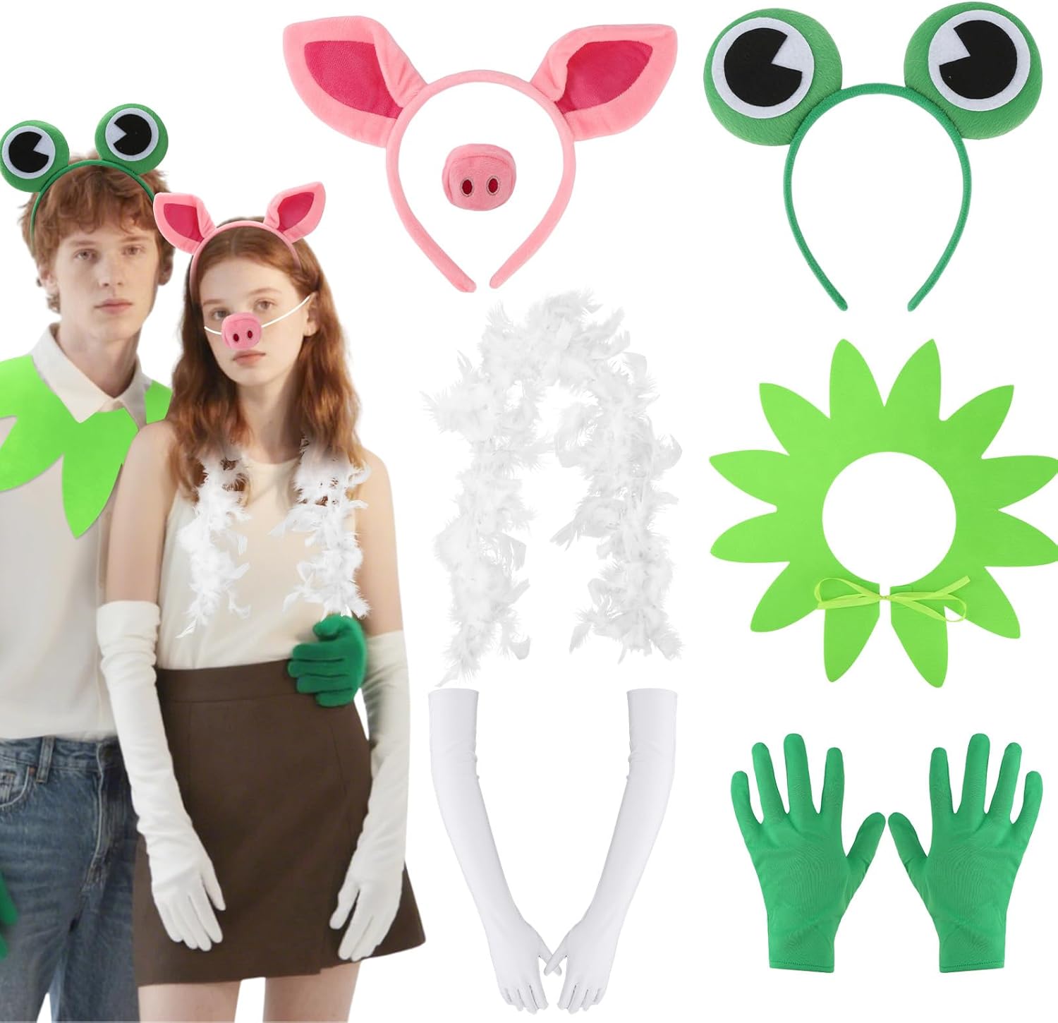 7 Pcs Halloween Frog Pig Costume Couple Accessories Set Frog Collar Headband Pig Headband Nose Gloves and Feather Boas for Adult Halloween Cosplay Party Dress up