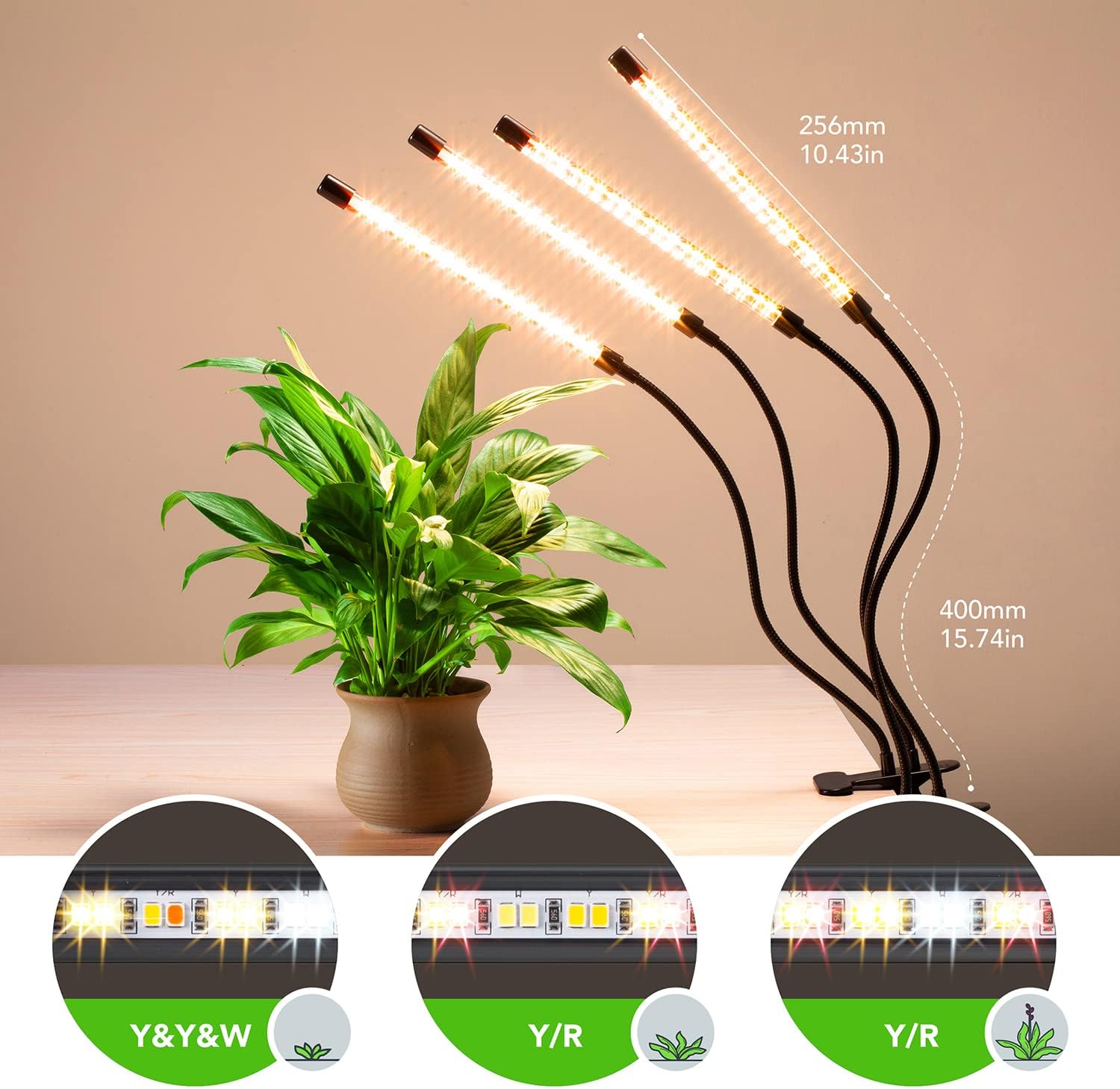 Plant Lights for Indoor Growing, Full Spectrum 4 Heads Clip Grow Lamps with 10 Feet Cables for Houseplants, Auto On Off Timing 3 9 12Hrs(2 Pack) 4 Heads(Full Spectrum)
