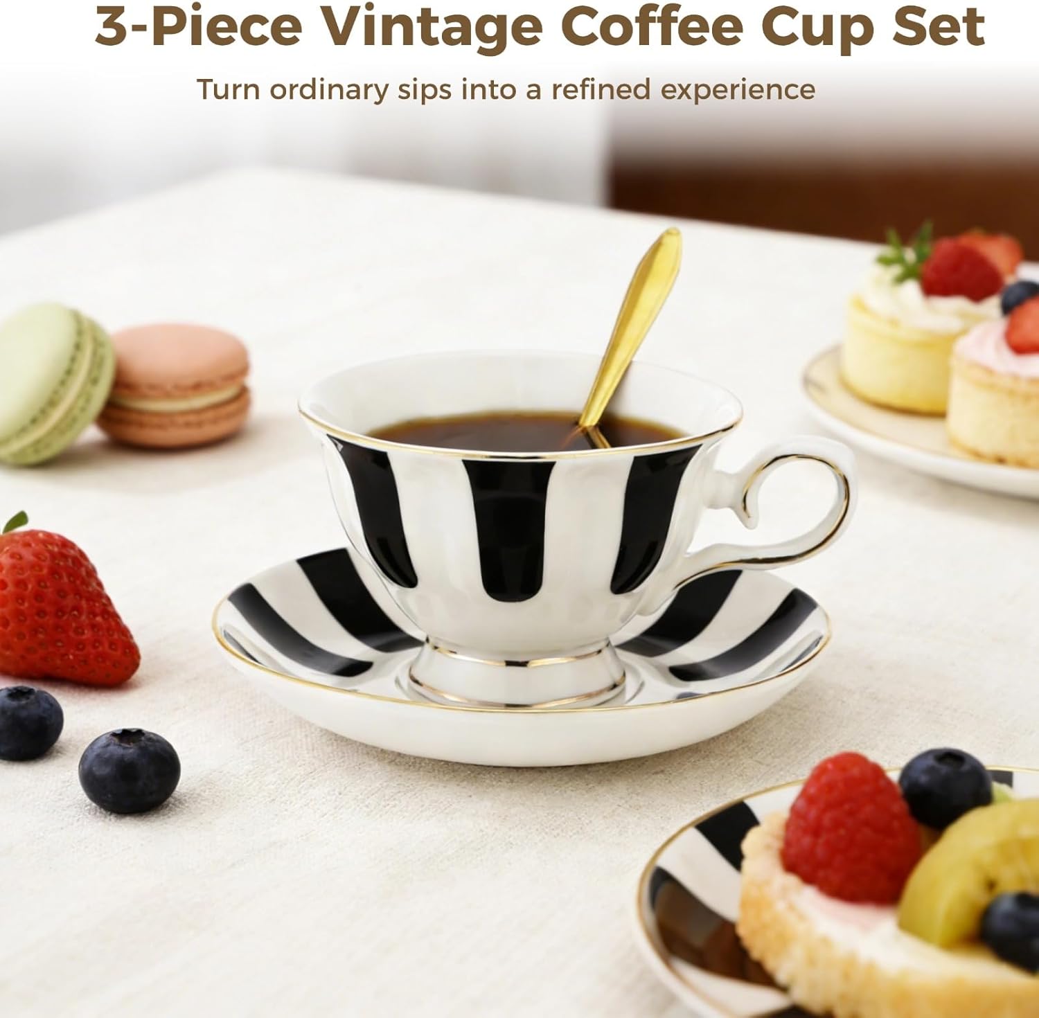 OMISTAR 3-Piece Vintage Coffee Cup Set, Black & White Striped Ceramic Drinkware with Gold Trim, European Style Coffee Cup & Saucer with Spoon, Ideal for Home Office Afternoon Tea, Elegant Gift Choice