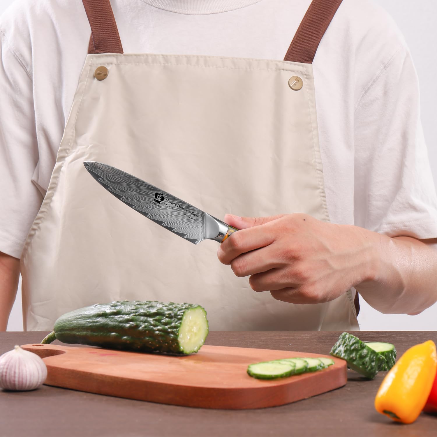 WILDMOK Cuchillo de cocina – Cuchillo multiusos para pelar cubitos, 5.0 in Damasco 67 capas de acero Damasco VG10, mango de resina profesional ultra afilado fuerte
