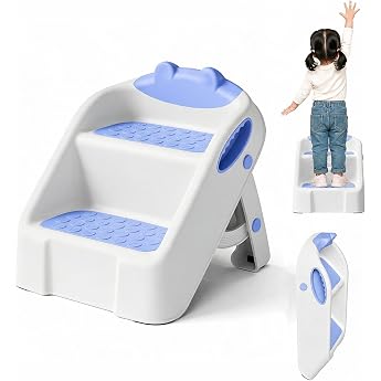 Children's Step Stool Folding, 2 Tiers, Anti-Slip, No Assembly Required, Kids Step, Toilet Training, Durable, Load Capacity 132.3 lbs 60 kg, Bathroom, Kitchen, 1 - 8 Years Old, Blue