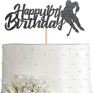 Hockey Happy 16th Birthday Cake Topper, Black Glitter 16 Years Birthday Party Decoration
