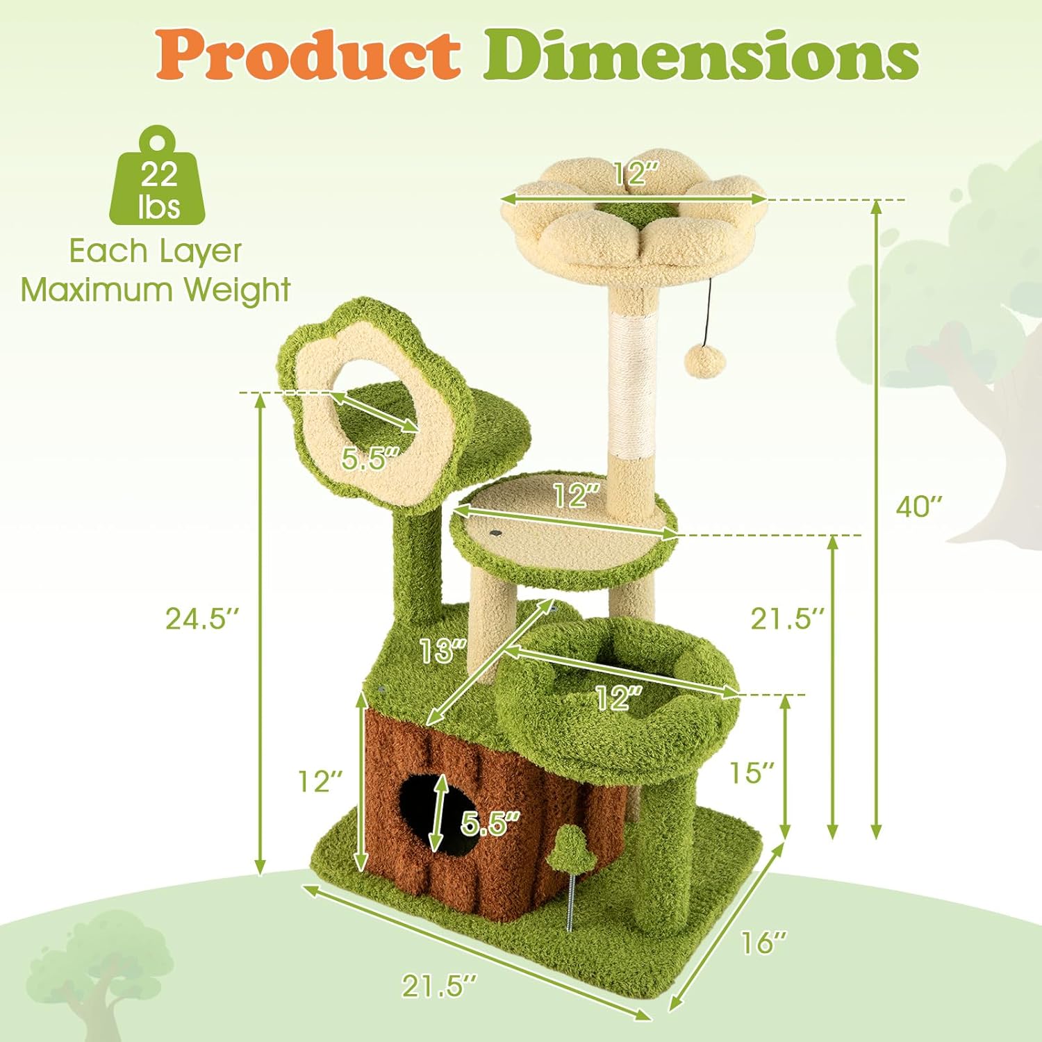 Tangkula Cute Cat Tree Green Forest, 40 Inch Multi-Level Aesthetic Cat Tower with Sisal Scratching Posts, Trunk Condo, Flower Perch, Plush Napping Bed, Pompom, Spring Toy, Platforms for Indoor Cats