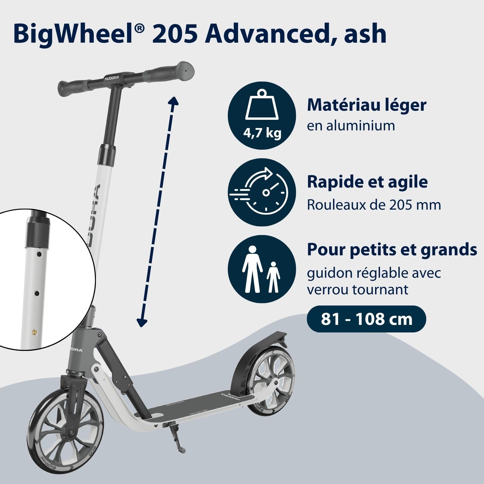 HUDORA BigWheel 205 Advanced Scooter - Trottinette Confortable en Aluminium pour jusqu'à 100kg - Réglable en Hauteur & Pliable - pour Enfants/Adolescents & Adultes