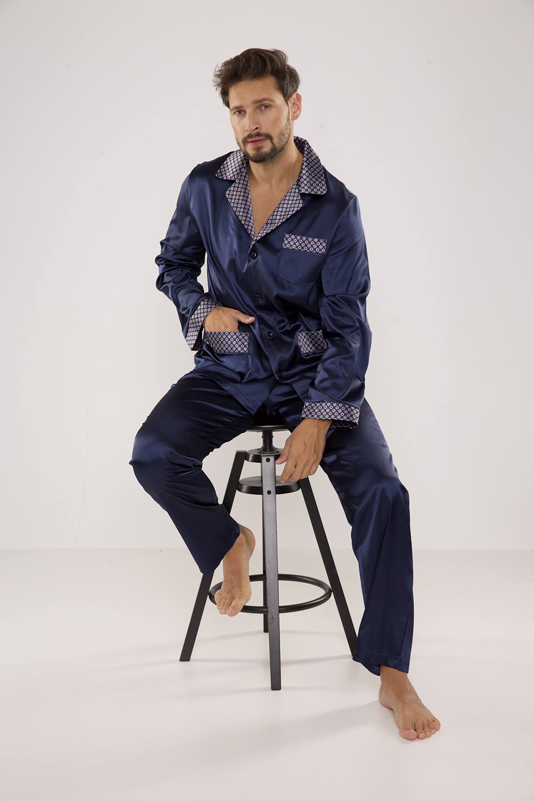 FOREX Lingerie edler und hochwertiger Satin-Pyjama Herren-Schlafanzug Hausanzug
